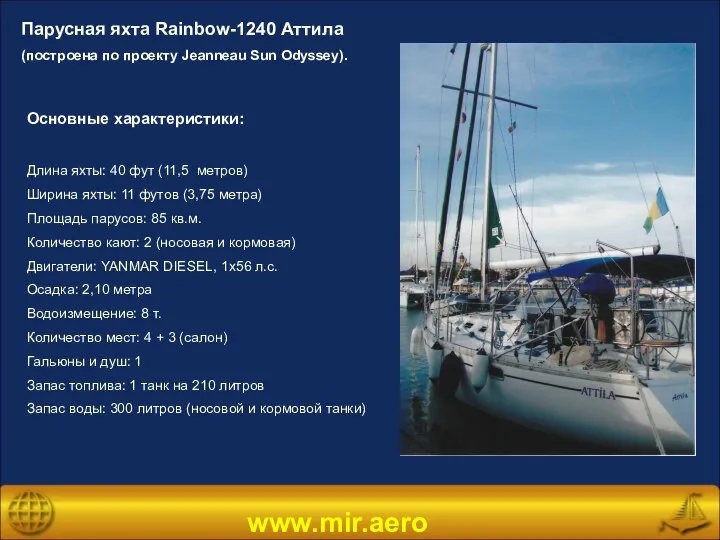 www.mir.aero Основные характеристики: Длина яхты: 40 фут (11,5 метров) Ширина яхты: