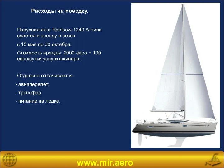 www.mir.aero Расходы на поездку. Парусная яхта Rainbow-1240 Аттила сдается в аренду