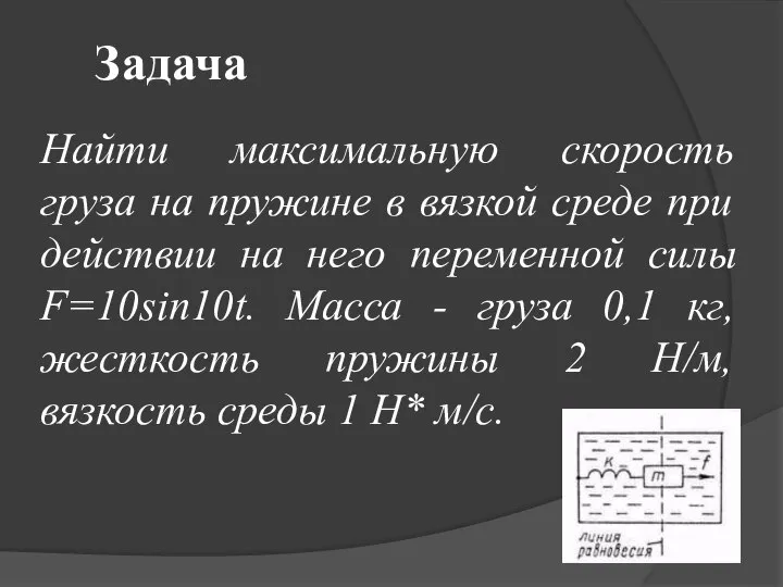 Найти максимальную скорость груза на пружине в вязкой среде при действии