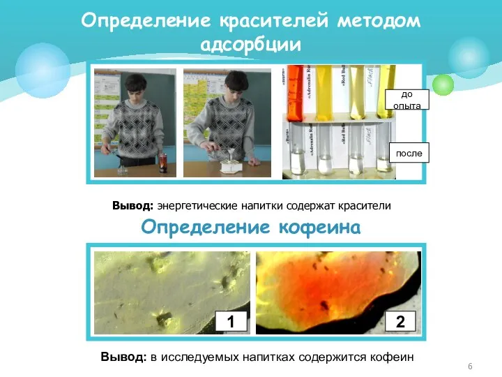 Определение красителей методом адсорбции Вывод: энергетические напитки содержат красители до опыта