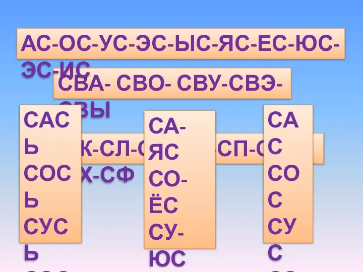 СВА- СВО- СВУ-СВЭ-СВЫ СК-СЛ-СМ-СН-СП-СТ-СХ-СФ АС-ОС-УС-ЭС-ЫС-ЯС-ЕС-ЮС-ЭС-ИС СА-ЯС СО-ЁС СУ-ЮС СЭ-ЕС СЫ-ИС САС
