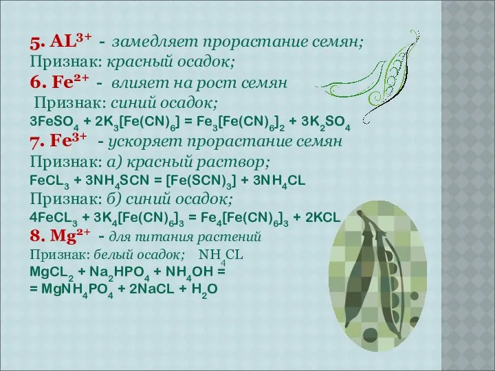 5. AL3+ - замедляет прорастание семян; Признак: красный осадок; 6. Fe2+