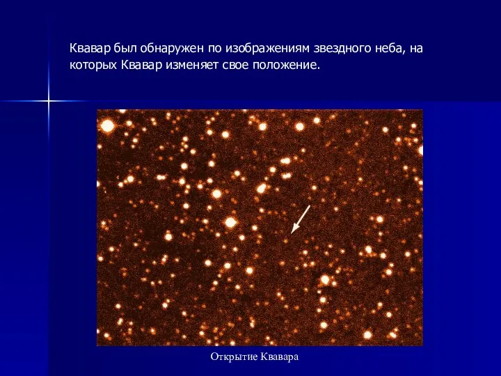 Квавар был обнаружен по изображениям звездного неба, на которых Квавар изменяет свое положение. Открытие Квавара