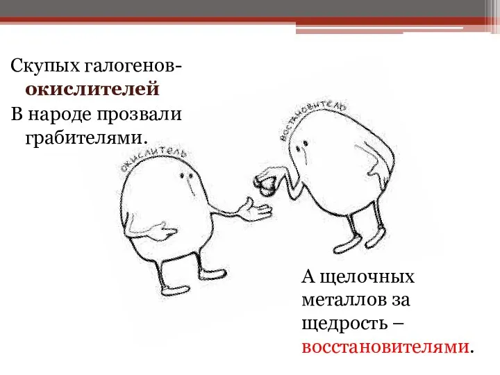 Скупых галогенов-окислителей В народе прозвали грабителями. А щелочных металлов за щедрость – восстановителями.