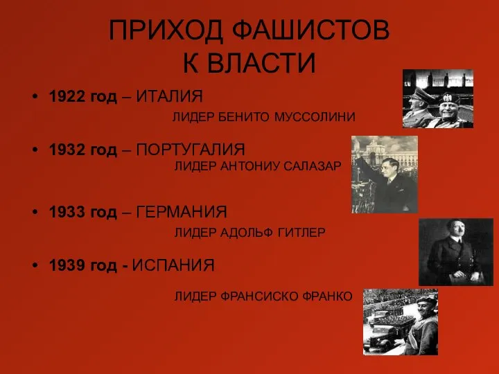 ПРИХОД ФАШИСТОВ К ВЛАСТИ 1922 год – ИТАЛИЯ ЛИДЕР БЕНИТО МУССОЛИНИ