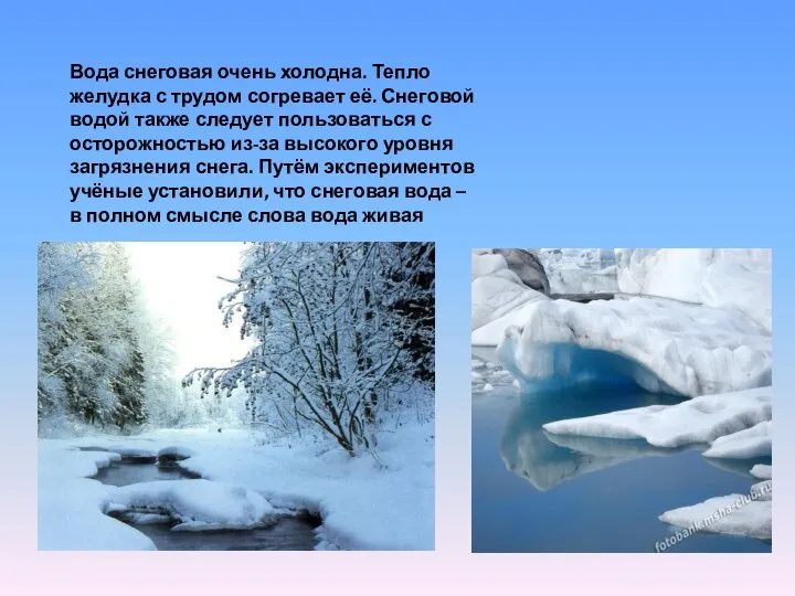 Вода снеговая очень холодна. Тепло желудка с трудом согревает её. Снеговой