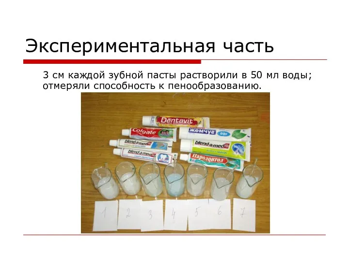 Экспериментальная часть 3 см каждой зубной пасты растворили в 50 мл воды; отмеряли способность к пенообразованию.