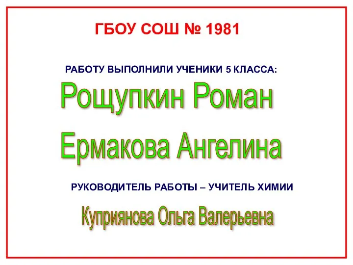 РАБОТУ ВЫПОЛНИЛИ УЧЕНИКИ 5 КЛАССА: РУКОВОДИТЕЛЬ РАБОТЫ – УЧИТЕЛЬ ХИМИИ Рощупкин