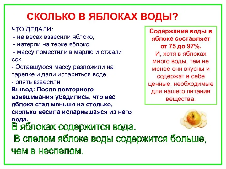 СКОЛЬКО В ЯБЛОКАХ ВОДЫ? ЧТО ДЕЛАЛИ: - на весах взвесили яблоко;