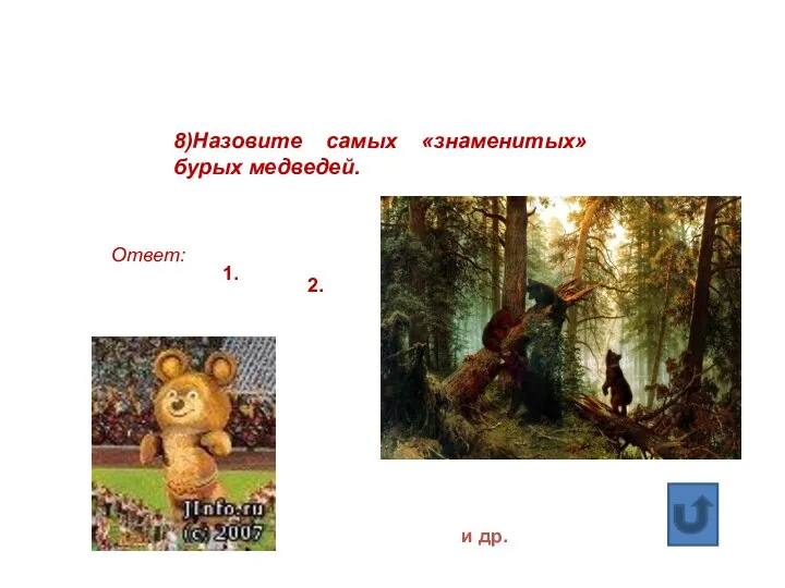 8)Назовите самых «знаменитых» бурых медведей. Ответ: 1. 2. и др.