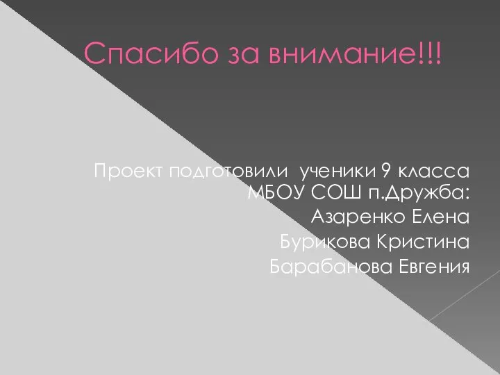 Спасибо за внимание!!! Проект подготовили ученики 9 класса МБОУ СОШ п.Дружба: