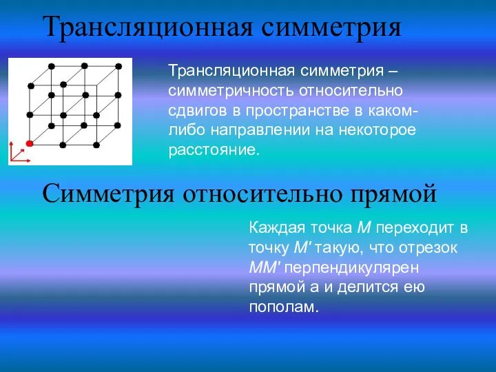 Трансляционная симметрия Трансляционная симметрия – симметричность относительно сдвигов в пространстве в