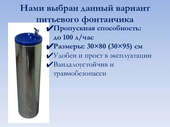Нами выбран данный вариант питьевого фонтанчика Пропускная способность: до 100 л/час