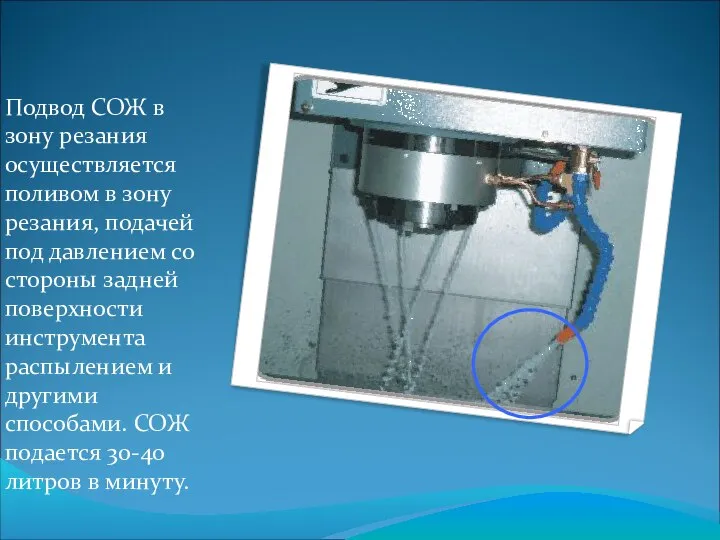 Подвод СОЖ в зону резания осуществляется поливом в зону резания, подачей