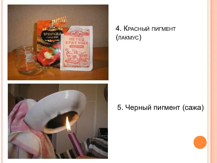 4. Красный пигмент (лакмус) 5. Черный пигмент (сажа)