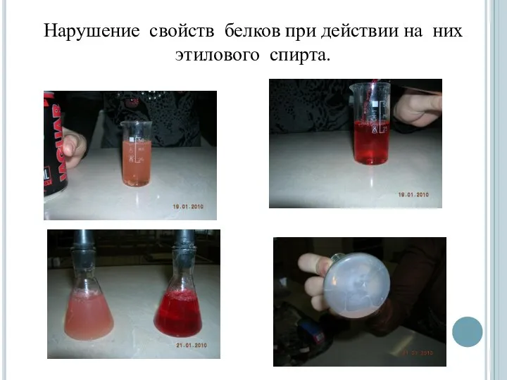 Нарушение свойств белков при действии на них этилового спирта.