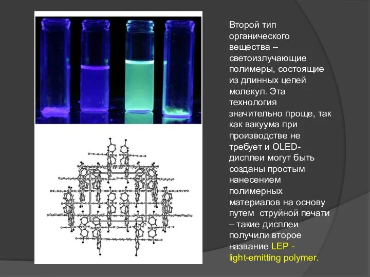 Второй тип органического вещества – светоизлучающие полимеры, состоящие из длинных цепей