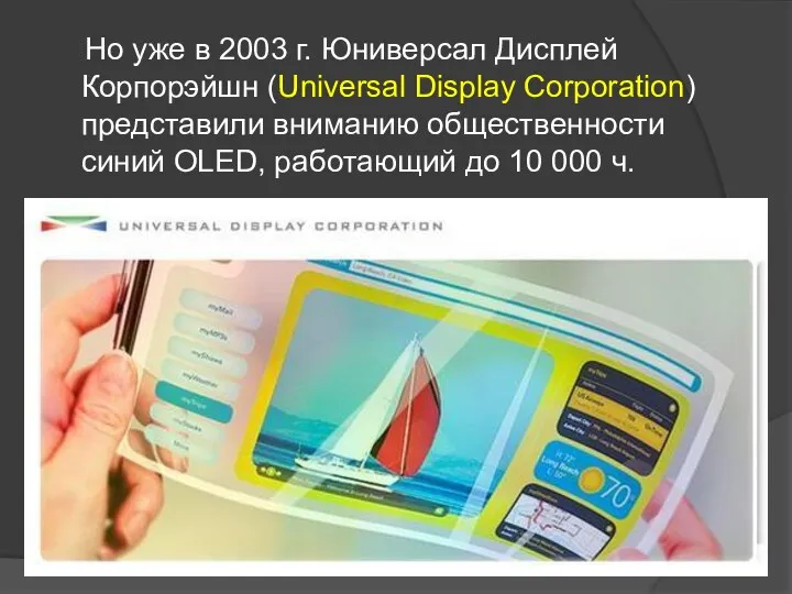 Но уже в 2003 г. Юниверсал Дисплей Корпорэйшн (Universal Display Corporation)