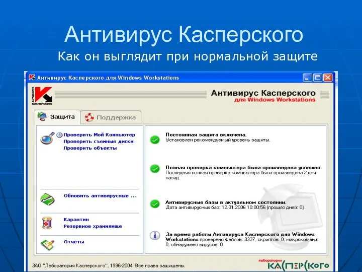 Антивирус Касперского Как он выглядит при нормальной защите