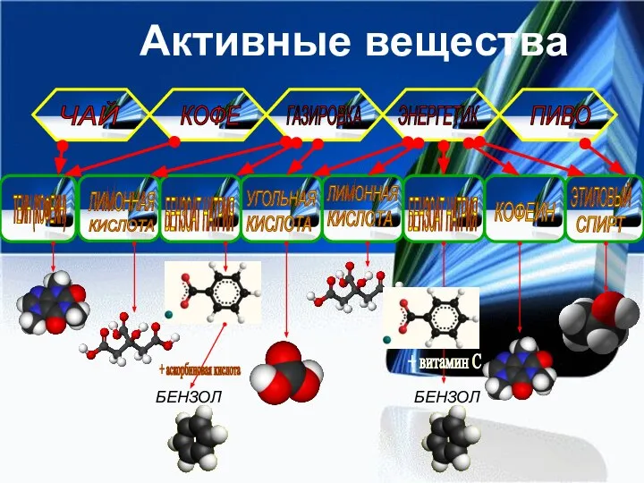 Активные вещества ЧАЙ КОФЕ ПИВО ГАЗИРОВКА ЭНЕРГЕТИК ТЕИН (КОФЕИН) БЕНЗОАТ НАТРИЯ