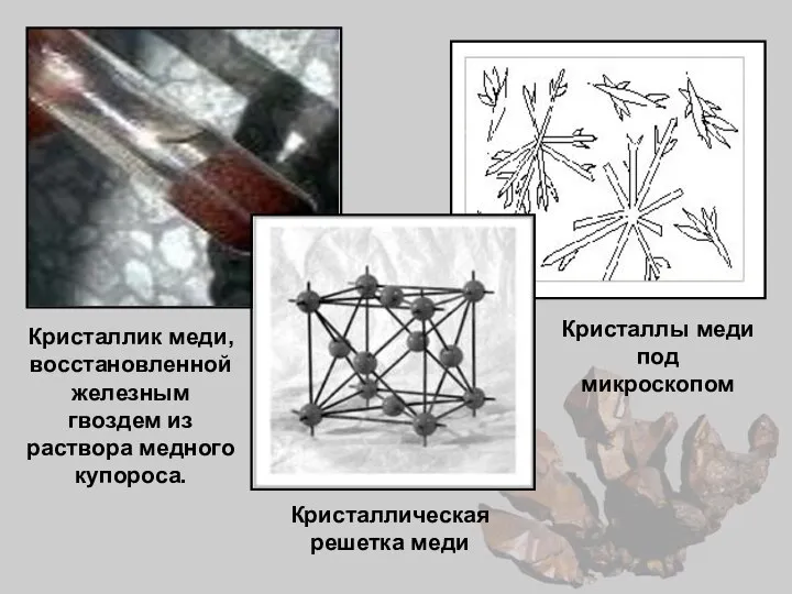 Кристаллическая решетка меди Кристаллы меди под микроскопом Кристаллик меди, восстановленной железным гвоздем из раствора медного купороса.