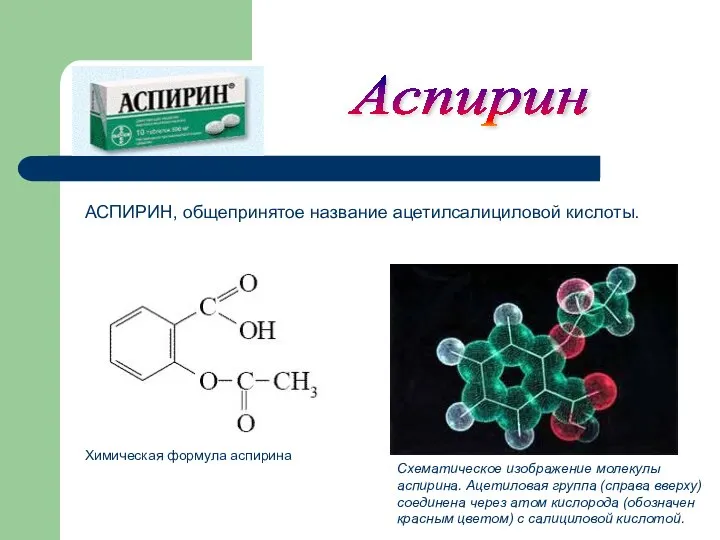 Схематическое изображение молекулы аспирина. Ацетиловая группа (справа вверху) соединена через атом