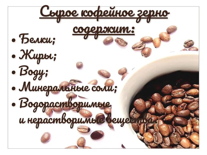 Сырое кофейное зерно содержит: Белки; Жиры; Воду; Минеральные соли; Водорастворимые и нерастворимые вещества.