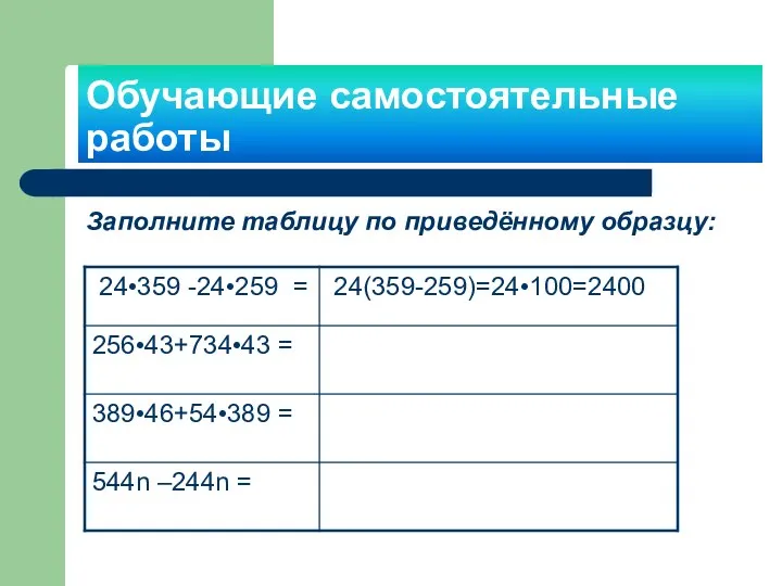 Обучающие самостоятельные работы Заполните таблицу по приведённому образцу: