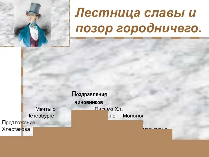 Лестница славы и позор городничего. Поздравления чиновников Мечты о Письмо Хл.