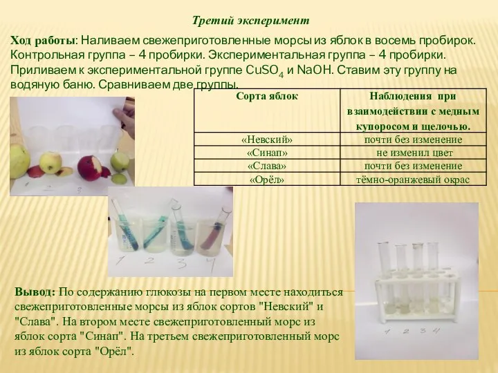 Третий эксперимент Вывод: По содержанию глюкозы на первом месте находиться свежеприготовленные