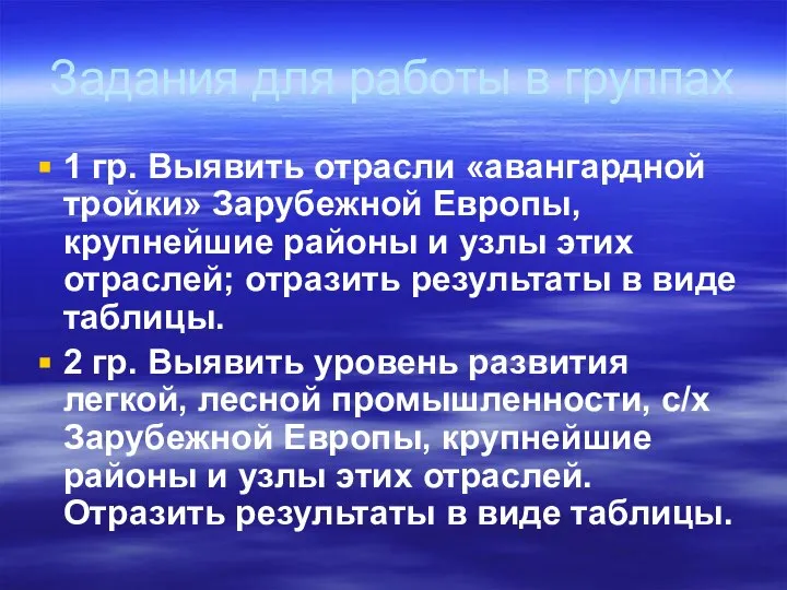 Задания для работы в группах 1 гр. Выявить отрасли «авангардной тройки»