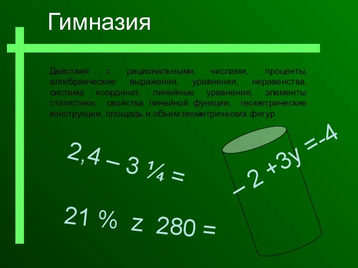 Действия с рациональными числами, проценты, алгебраические выражения, уравнения, неравенства, система координат,