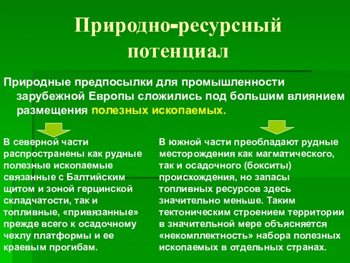 Природно-ресурсный потенциал Природные предпосылки для промышленности зарубежной Европы сложились под большим