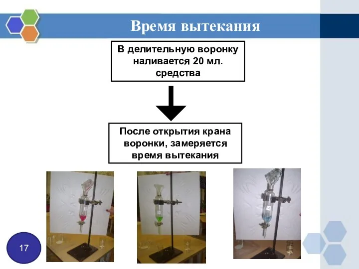 Время вытекания 17 В делительную воронку наливается 20 мл. средства После