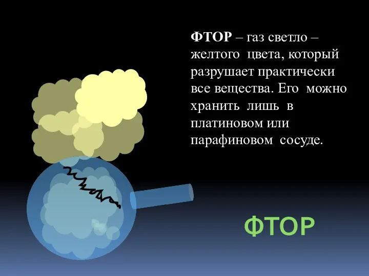 ФТОР ФТОР – газ светло – желтого цвета, который разрушает практически