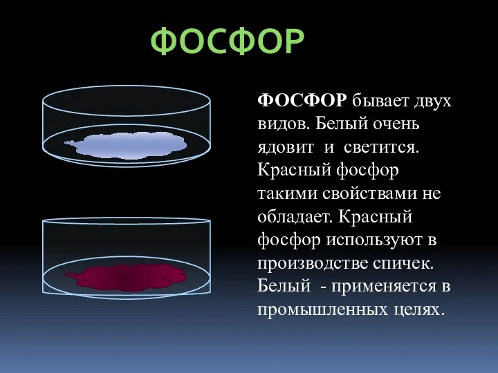 ФОСФОР ФОСФОР бывает двух видов. Белый очень ядовит и светится. Красный