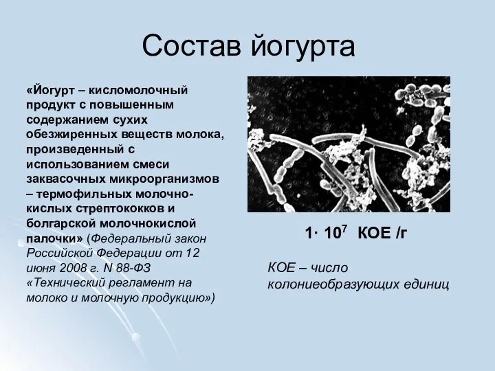 Состав йогурта «Йогурт – кисломолочный продукт с повышенным содержанием сухих обезжиренных