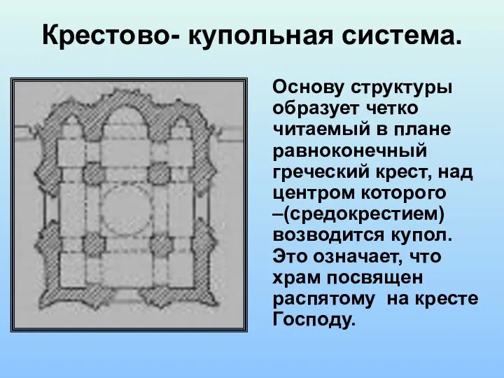 Крестово- купольная система. Основу структуры образует четко читаемый в плане равноконечный