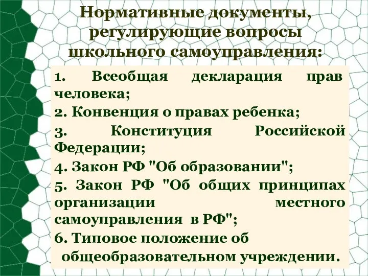 Нормативные документы, регулирующие вопросы школьного самоуправления: 1. Всеобщая декларация прав человека;