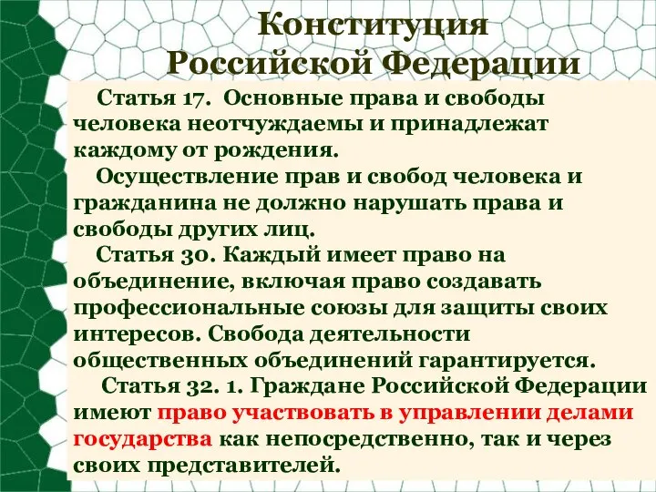 Конституция Российской Федерации Статья 17. Основные права и свободы человека неотчуждаемы