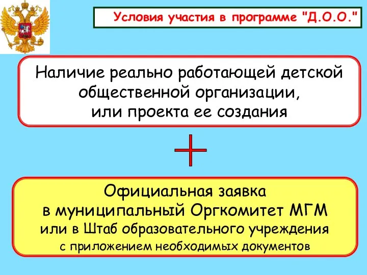 Условия участия в программе "Д.О.О." Наличие реально работающей детской общественной организации,