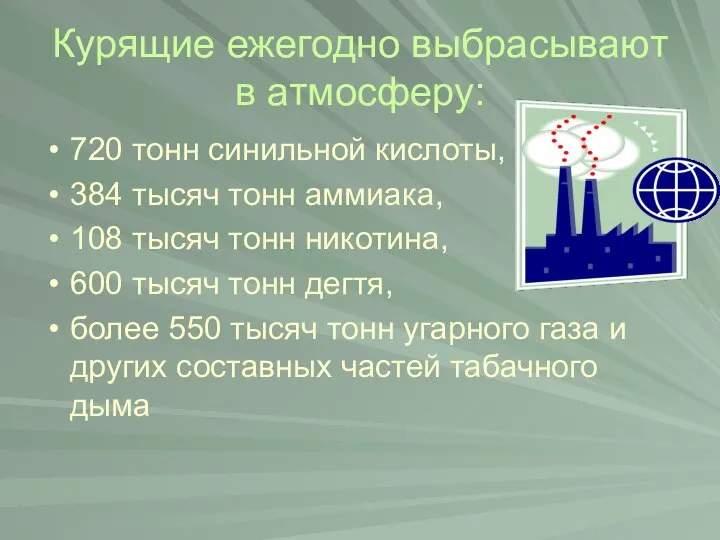 Курящие ежегодно выбрасывают в атмосферу: 720 тонн синильной кислоты, 384 тысяч