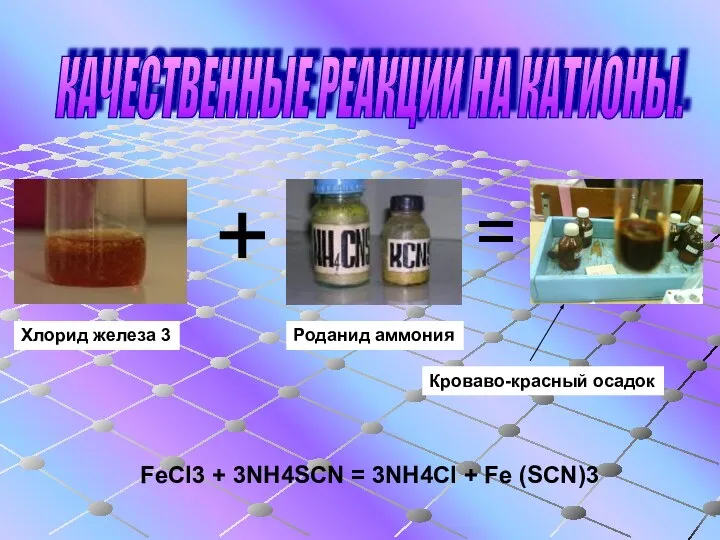 КАЧЕСТВЕННЫЕ РЕАКЦИИ НА КАТИОНЫ. Хлорид железа 3 + = Роданид аммония