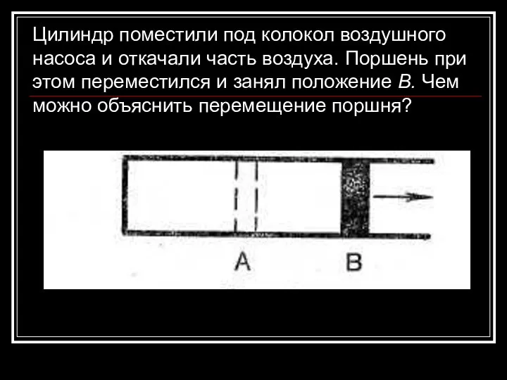 Цилиндр поместили под колокол воздушного насоса и откачали часть воздуха. Поршень