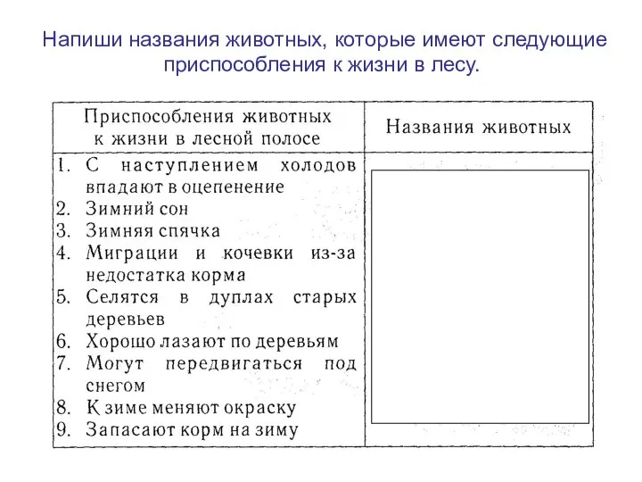 Напиши названия животных, которые имеют следующие приспособления к жизни в лесу.