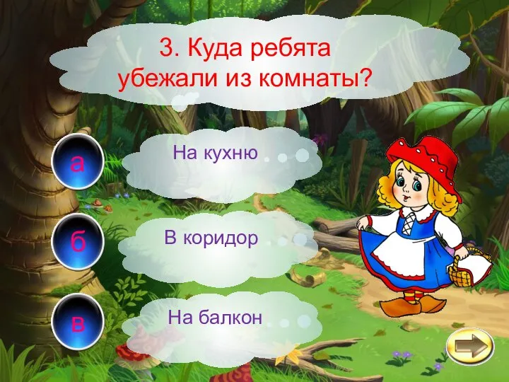 а б в 3. Куда ребята убежали из комнаты? На кухню В коридор На балкон