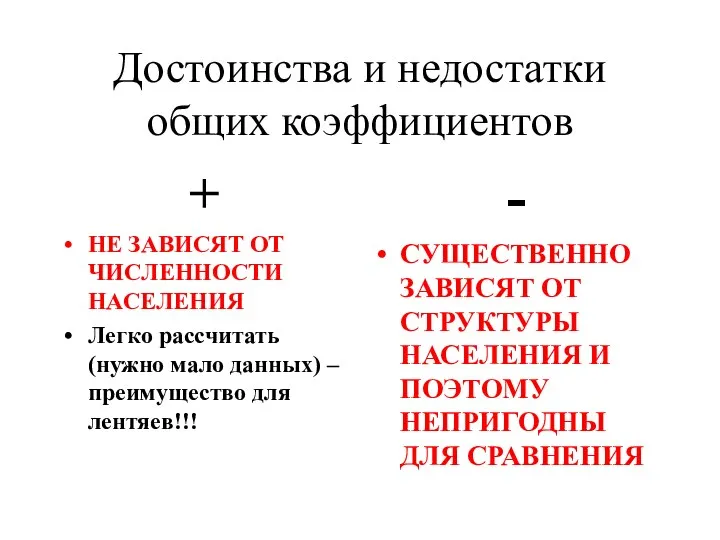 Достоинства и недостатки общих коэффициентов + НЕ ЗАВИСЯТ ОТ ЧИСЛЕННОСТИ НАСЕЛЕНИЯ