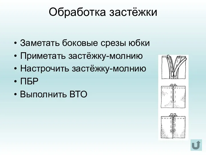 Обработка застёжки Заметать боковые срезы юбки Приметать застёжку-молнию Настрочить застёжку-молнию ПБР Выполнить ВТО