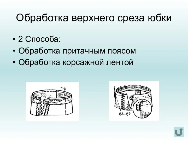 Обработка верхнего среза юбки 2 Способа: Обработка притачным поясом Обработка корсажной лентой
