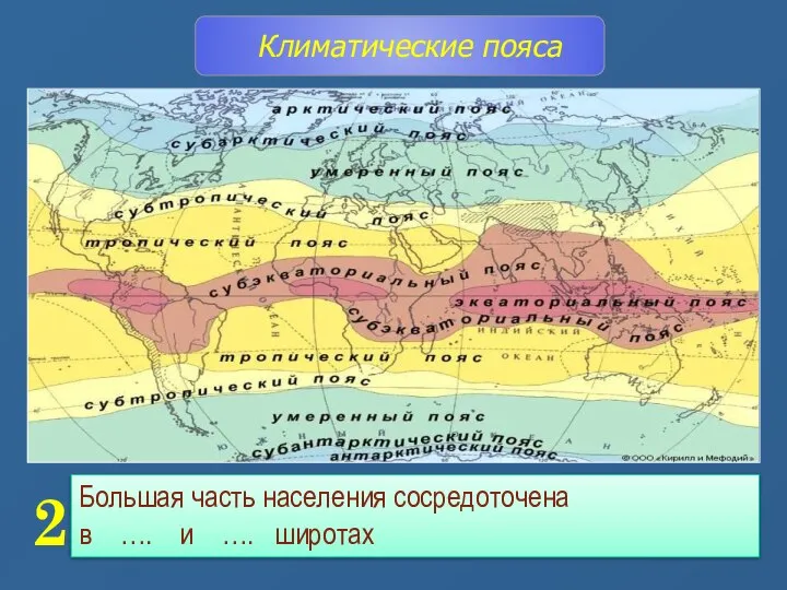 Большая часть населения сосредоточена в …. и …. широтах Климатические пояса 2